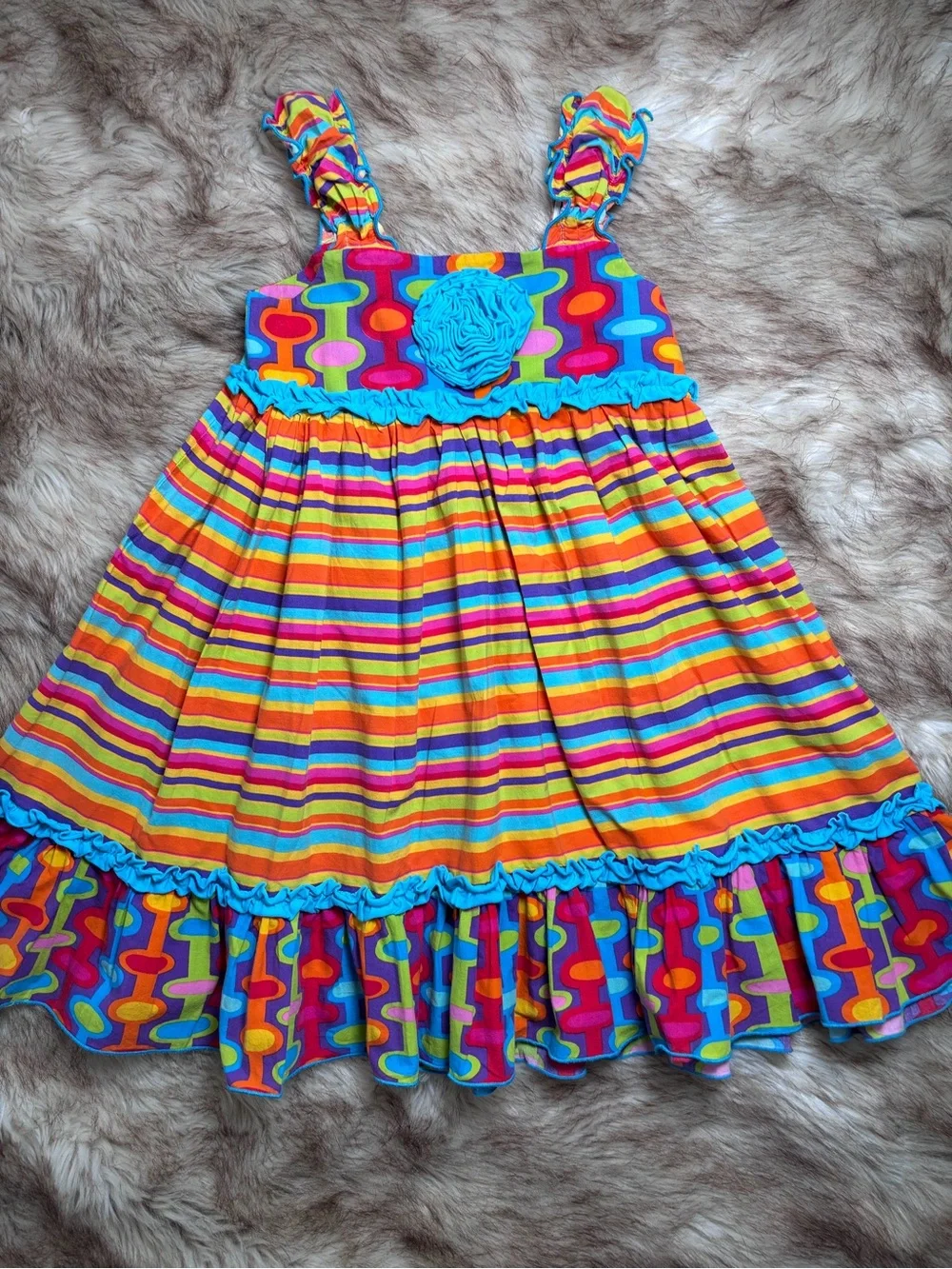 Girls Bright Multicolor Stripe Sundress with Turquoise Rosette